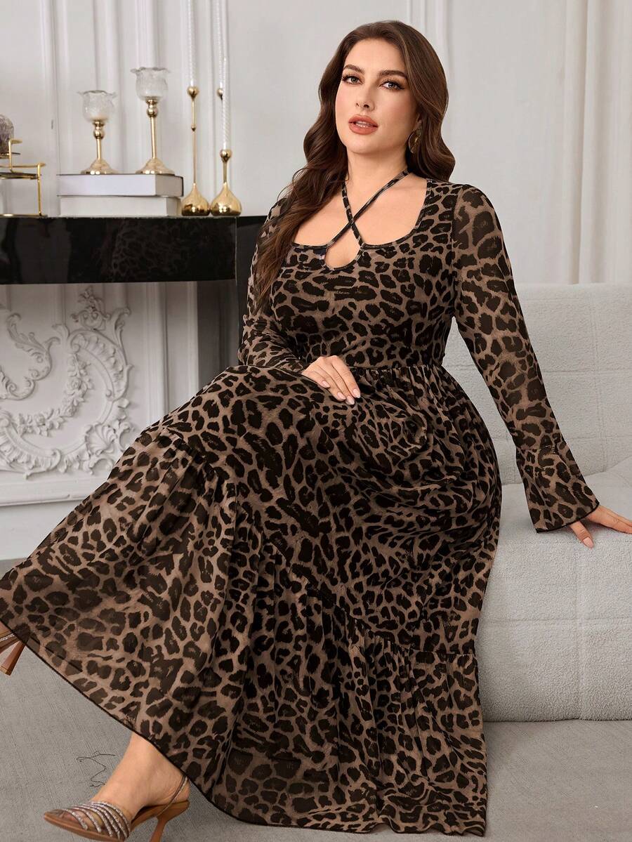 Modelyn Vestido de manga larga con volantes, cintura con lazo y corte evasé, elegante y casual, para mujer de talla grande, para primavera/verano - Multicolor - Ver 1