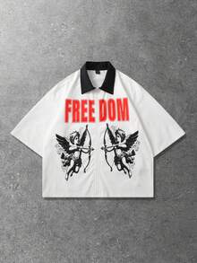 ROMWE MEN Camisa casual de manga corta con estampado de letra y ángel para hombre - Blanco - Ver 3