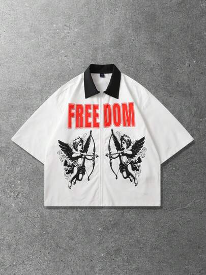 ROMWE MEN 男士字母天使印花短袖休闲衬衫