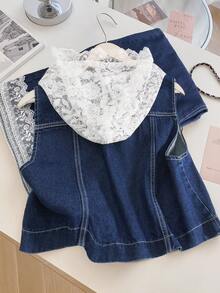 GlowEve Women's Lace Patchwork Hooded Denim Set - Blue - View 2