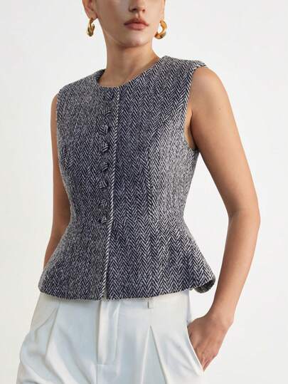 Aveloria Modichic Fashionable Design Sense Casual Round Neck Black & White Herringbone Blended Cinched Waist Button Elegant Commuter Versatile Vintage Minimalist Design Women Sleeveless Vest Jacket