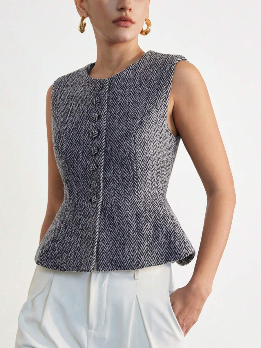 Aveloria Modichic 时尚设计感休闲圆领黑白人字纹混纺收腰纽扣优雅通勤百搭复古简约设计女式无袖背心外套 - 彩色 - 查看 1