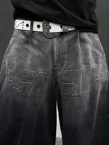 Manfinity EMRG Men's Street Fashion Casual 3D Embossed Curved Knife Black Denim Jeans - Black - View 5