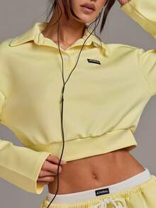 Athîral Áo sweatshirt nữ tay dài cổ bẻ dáng ngắn màu vàng, kiểu dáng thường ngày. - Vàng nhạt - Xem 5