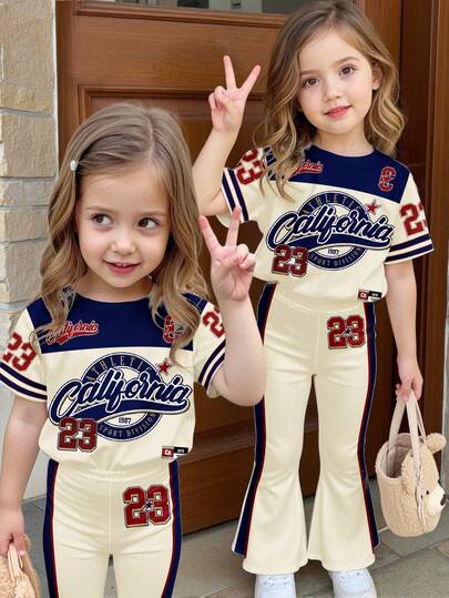 SHEIN 美式复古学院风运动数字23印花，女婴休闲简约短袖圆领T恤和喇叭裤套装，适合春夏穿着