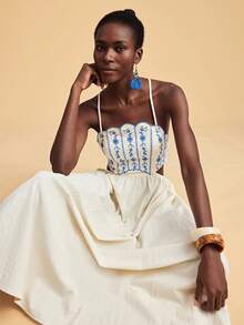 Travachic 花卉刺绣优雅露背度假吊带连衣裙，夏季连衣裙，夏季服装，女士夏季连衣裙，女士优雅连衣裙，女士度假服装，沙滩连衣裙，白色连衣裙，女士休闲连衣裙，节日连衣裙 - 杏色 - 查看 4