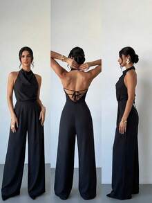 Firerie 女士新款优雅通勤阔腿连体裤，深V领露背设计，适合春夏各种场合，如办公室、通勤、约会、派对、婚礼、毕业典礼、演出、工作、返校、晚宴、生日、假日、波西米亚风、度假等。 - 黑色 - 查看 3