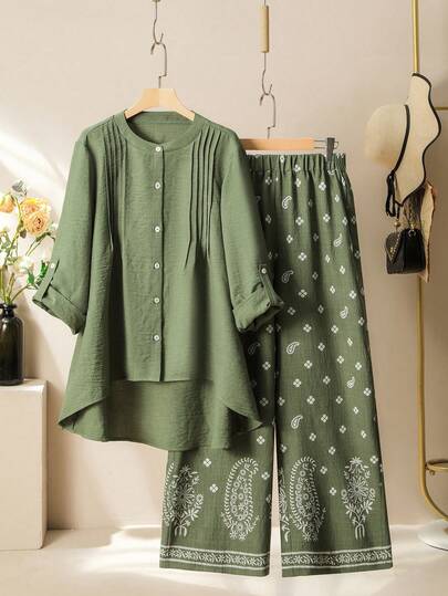 Lacomfia Women's Casual Loose Fit Cashew Flower 2 Pieces Set, Comfortable Daily Wear, Plus Size