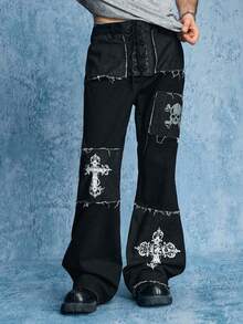 ROMWE MEN Goth 男士时尚深色喇叭拼接牛仔裤 - 黑色 - 查看 6