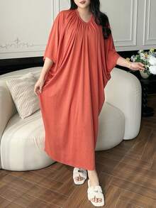 Dazy Plus Plus Size Women's Solid Color Batwing Sleeve Pleated Loose Long Nightgown, Spring/Summer/Autumn - Burnt Orange - View 7