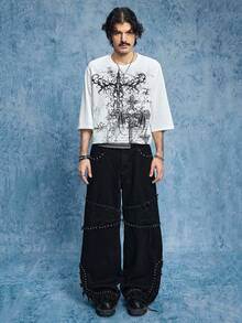 ROMWE MEN Street Life 男士时尚街头铆钉细节拼接流苏下摆阔腿牛仔裤 - 黑色 - 查看 6