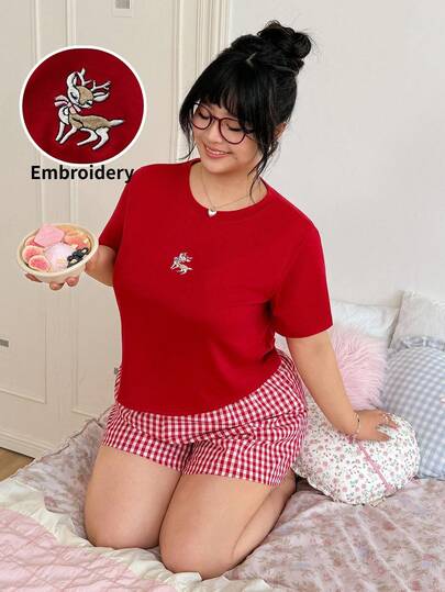 SHEIN EZwear 2pcs/Set Spring/Summer Embroidered Cute Short Sleeve T-Shirt And Plaid Shorts Casual Loungewear, Plus Size
