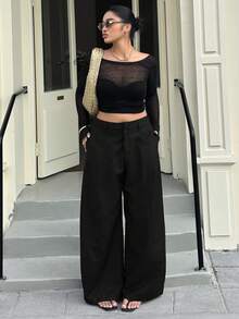 Dazy Plus Plus Size Women Casual Everyday Commute Simple Solid Color Loose Wide Leg Pants - Black - View 4