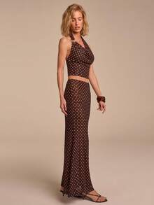 COSMINA 垂褶领吊带背心搭配荷叶边半裙套装，弹性网纱波点数码印花，金属扣饰，棕色套装，优雅服饰，度假装，沙滩假日装，露背设计 - 彩色 - 查看 6