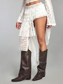 ROMWE Hippie Vacation Music Festival Low Waist Layered Ruffle Asymmetrical Lace Women Skirt - White - View 2