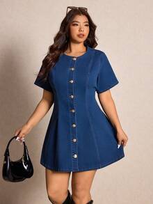 Elaquor Đầm denim dáng rộng tay ngắn cổ tròn cài một hàng khuy dành cho nữ cỡ lớn - Rửa trung bình - Xem 3