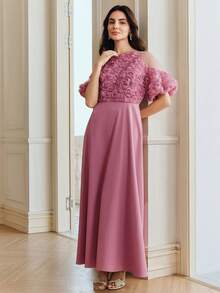 Anewsta 春夏浪漫假日3D立体花卉面料拼接花瓣袖A字腰身优雅派对连衣裙（女款） - 玫紅色 - 查看 6