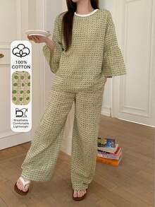 DAZY 2件套女士格子蕾丝拼接宽松七分袖直筒长款睡衣套装，夏季 - 綠色 - 查看 5