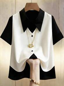 Franclia Women's Elegant Sexy Contrast Color 2 In 1 Short Sleeve Shirt, Summer Teachers' Day Golf White - Black and White - View 3