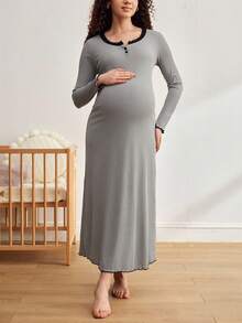 Moonlight&Mama Chemise de nuit à manches longues pour femmes enceintes, avec boutons, empiècement en dentelle et couleurs contrastées - Gris - Voir 1
