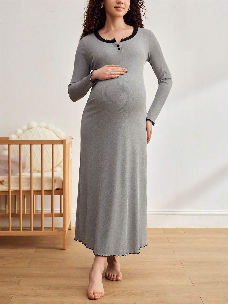 Moonlight&Mama Chemise de nuit à manches longues pour femmes enceintes, avec boutons, empiècement en dentelle et couleurs contrastées - Gris - Voir 1