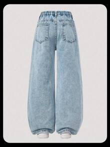 SHEIN ChillGRL Tween Girl Y2K Blue Denim Straight Leg Long Jeans With Daisy Flower Patches 70s Girls Sunflower Girls 70s Kids Girls Flower Embroidered Jeans Baggy Jeans Flower Jeans Young Girls Baggy Jeans Girls Wide Leg Jeans Baggy Floral Jeans Pants Embroidery - Blue - View 2