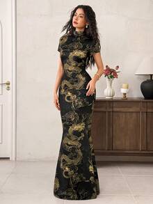 EastFlair Đầm đuôi cá ôm dáng tay ngắn, cổ áo hở lưng, in hình rồng Trung Quốc dành cho nữ. - Đen và vàng - Xem 3