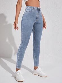 SHEIN FlexDen Women's Casual High Waist Skinny Fit Jeans, Versatile And Suitable For Daily Commute - Baby Blue - View 3
