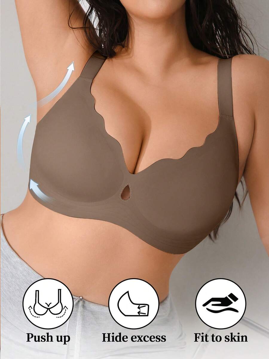 DesireSculpt Sujetador de copa moldeada sin costuras, cómodo y suave, con copa de recogida inalámbrica y tirantes anchos y sexy, talla grande, 1 pieza - Marrón - Ver 1