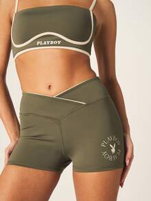 Missguided x Playboy High Waisted Cycling Active Shorts With Logo Print And Contrast Trim Detail For Performance Training And Athletic Wear - Green - View 4