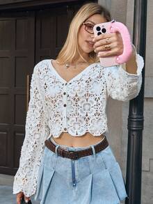 MainGRL 2026 Women's Spring/Early Spring Hollow-Out Knitted Cardigan, Acrylic (Faux Cashmere), Milky White - White - View 7