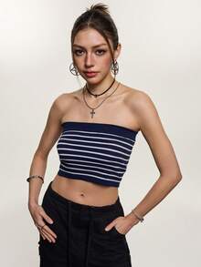 Rina Fox Sexy Striped Spaghetti Strap Camisole Top, Knit Undershirt For Summer, Wear Alone Or As Layering - Blue and White - View 3