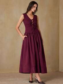 Aveloria Revavyn Vestido largo elegante con cuello en V profundo, cintura fruncida y anudada, adecuado para fiestas y eventos - Burdeos - Ver 4