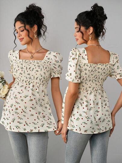 Momance Blusa elegante de maternidad con estampado floral diminuto y ajuste ceñido