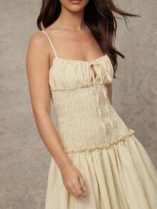 WESTFADE V Neck Tie Front Smocked Drop Waist Fit & Flare Sleeveless Striped Midi Dress - Yellow - View 2