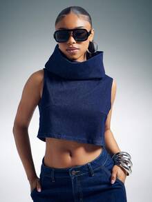 Denimoi High Neck Fold Over Denim Top Sleeveless Crop Top Fashionable Streetwear Cropped Denim Top - Dark Wash - View 1