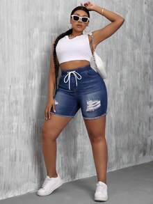 SHEIN SXY 大码休闲度假复古破洞抽绳松紧腰牛仔短裤，夏季 - 深色水洗藍 - 查看 4