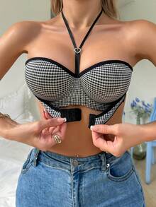 Eraneu 1pc Women's Front Closure Underwire Plunge Bra, Black - Black and White - View 3