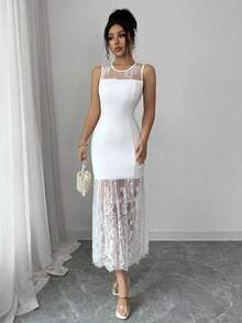 SHEIN Elenzya 优雅黑色蕾丝网纱连衣裙，时尚性感，适合日常穿着、婚礼季派对、夏季派对、海滩度假、浪漫约会，最新款式 - 白色 - 查看 1