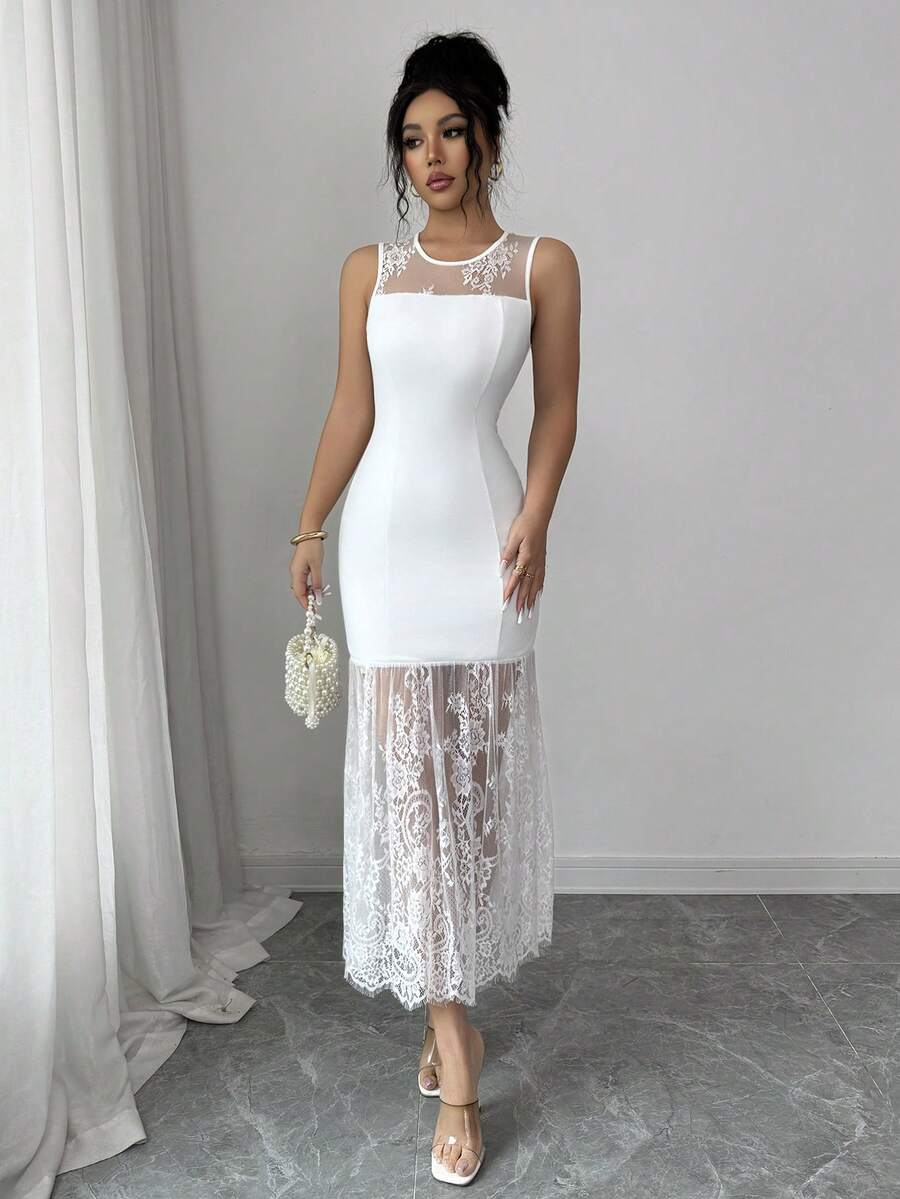 SHEIN Elenzya 优雅黑色蕾丝网纱连衣裙，时尚性感，适合日常穿着、婚礼季派对、夏季派对、海滩度假、浪漫约会，最新款式 - 白色 - 查看 1