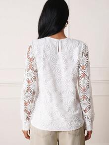 Lilora Stylish White Round Neck Lace Blouse Women's Long Sleeve Regular Fit Top Wedding Summer Elegant - Apricot - View 4