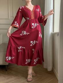 DAZY Women's Spring/Autumn Casual Vacation Style Floral Print Flared Sleeve Ribbon Decor Ruffle Hem Dress - Burgundy - View 2