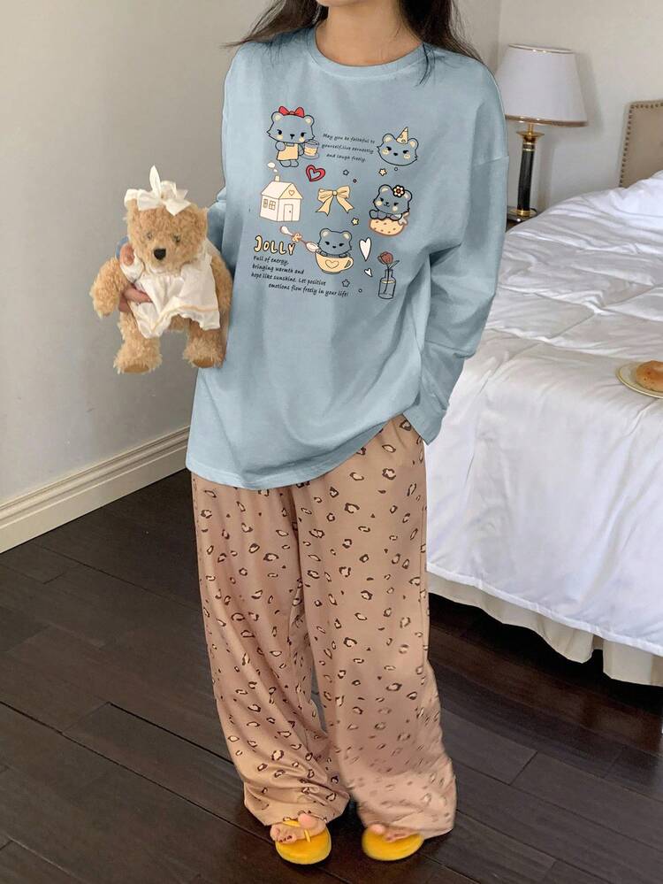 2pcs Cartoon Bear Print Long Sleeve T-Shirt And Loose Leopard Pattern Long Pants Pajama Set, Spring Women Sleepwear