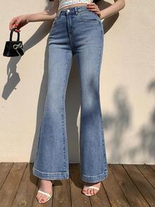 DAZY 女士中腰修身时尚夏季休闲百搭喇叭牛仔裤 - 藍色 - 查看 2