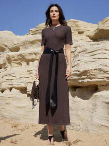 Dazy-Less Women's Western Style Round Neck Short Sleeve Casual Knit Dress - Brown - View 2