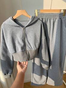 SHEIN EZwear 女式春季时尚粉色拉链连帽运动衫和裤子两件套 - 深灰色 - 查看 6