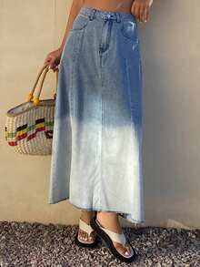 DAZY 褪色渐变西部牛仔A字长款休闲度假牛仔裙，女士，春夏款 - 藍色 - 查看 4