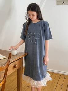 DAZY Tween Girls' Round Neck Bow Embroidered Petal Sleeve Top - Blue - View 4