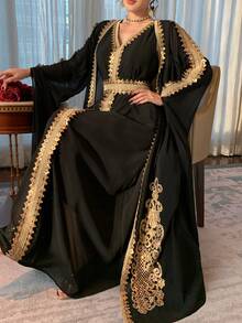 DAZY 2pcs Women's Middle Eastern Dubai Arabic Style Dress With Ribbon Trim - Black - View 9