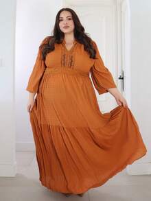 Pretty and Ole 大码女式纯色V领长袖纹理面料休闲长裙 - 棕色 - 查看 1